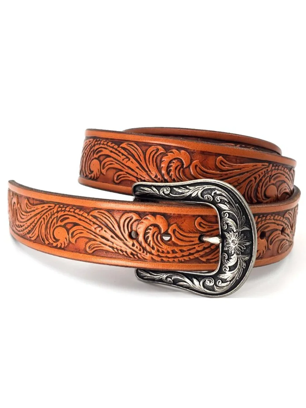 Genuine Tooled Leather Western Belt Engraved Silver Tone Buckle Scroll 42